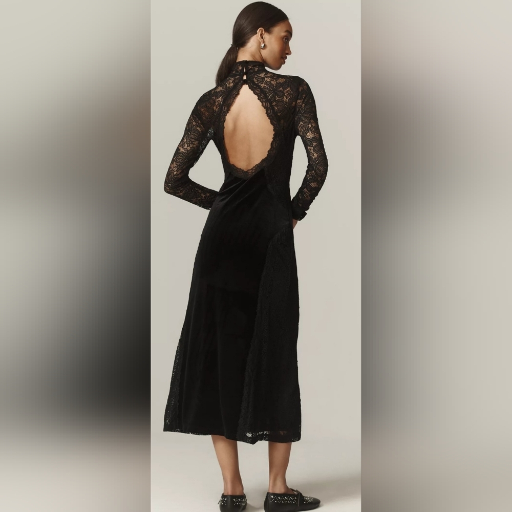 Nwt ANTHROPOLOGIE Elegant Black Lace Open-Back Dress- LARGE - Picture 3 of 14